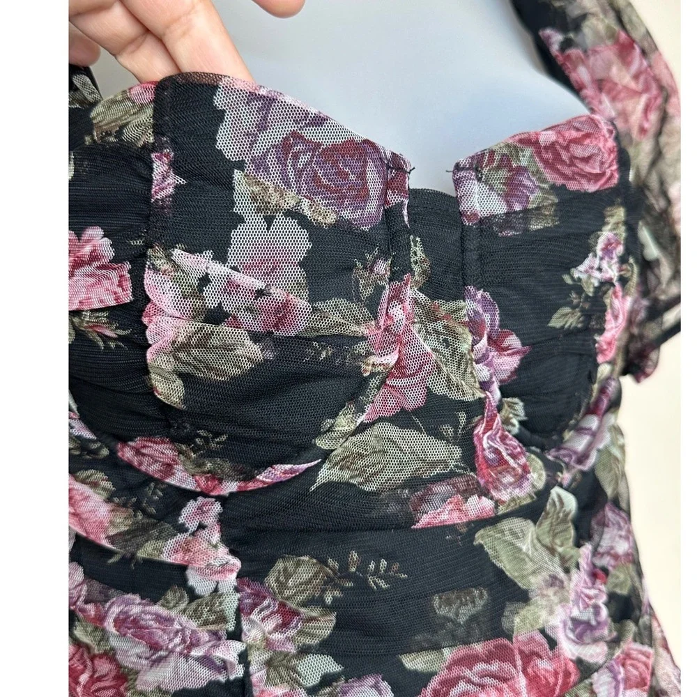 IRIS Floral Black Mini Dress Sweetheart Neckline‎ Ruched Puff Sleeve M Fairycore